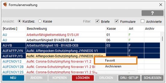 Kontextmenü mit Markierung von nicht als Favorit gekennzeichneten Formularen