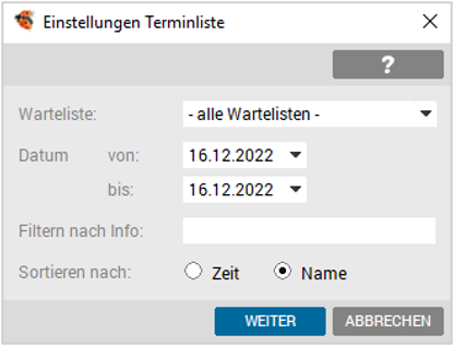 Einstellungen Terminliste