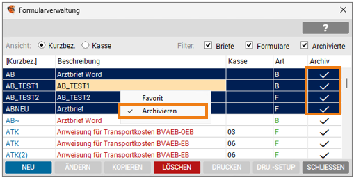 Kontextmenü mit Markierung von archivierten Formularen