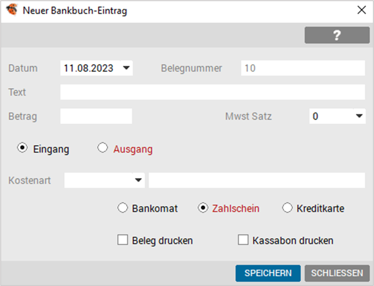 Neuer Bankbuch Eintrag