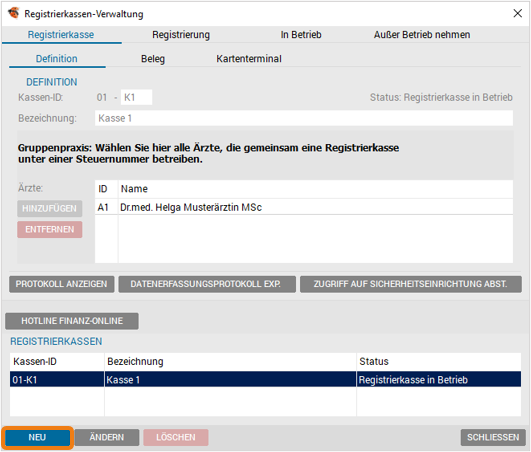 Anlegen neue Registrierkasse