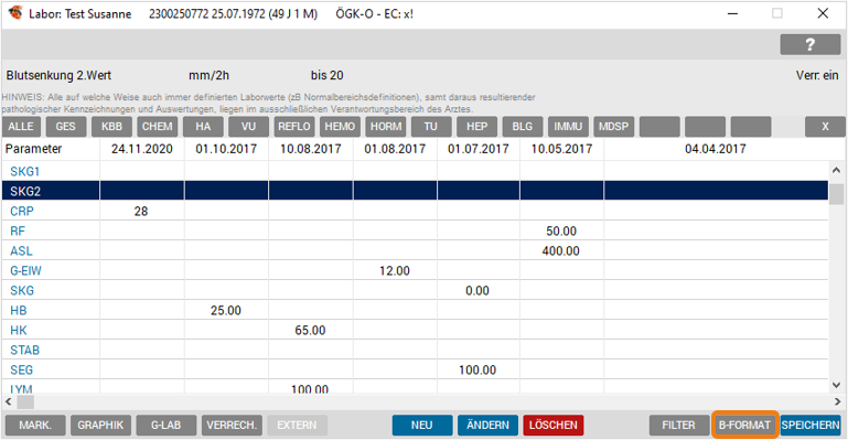 Labortabelle ohne bedingte Formatierung