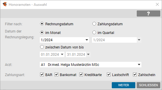 Honorarliste - Auswertungsoptionen