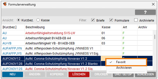 Kontextmenü mit Markierung von als Favorit gekennzeichneten Formularen