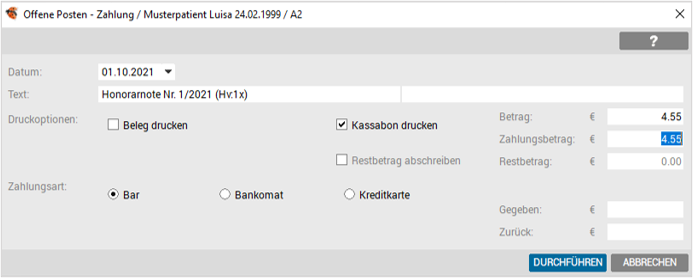 Honorarnoten Zahlungsdialog