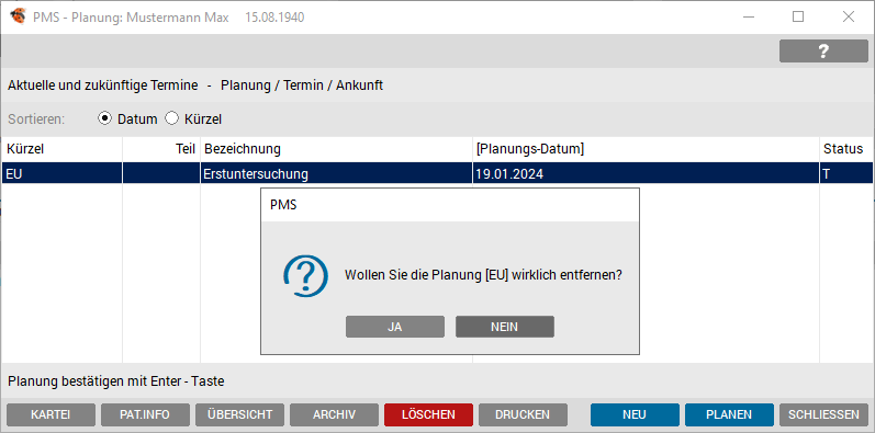 Hinweismeldung - Termin löschen
