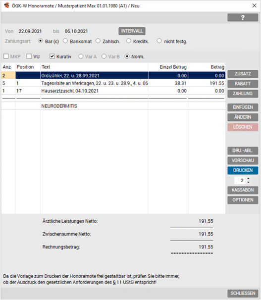 Dialog Honorarnote erstellen