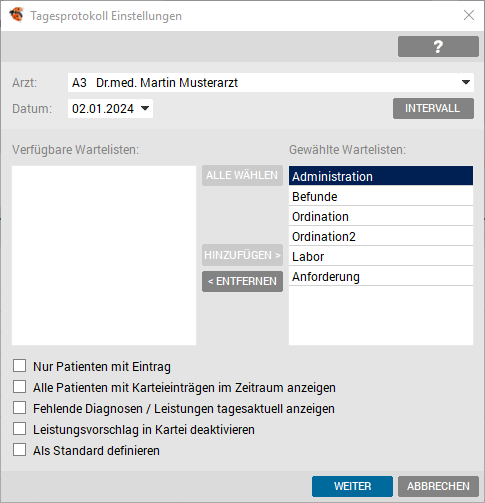 Einstellungen Tagesprotokoll
