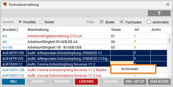 Kontextmenü mit Markierung von als Favorit und nicht als Favorit gekennzeichneten Formularen