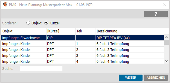 PMS - Objektauswahl