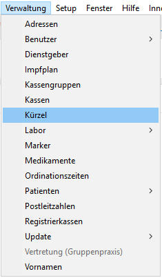 Menü Verwaltung - Kürzel