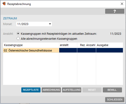 Rezeptabrechnung - aktueller Zeitraum