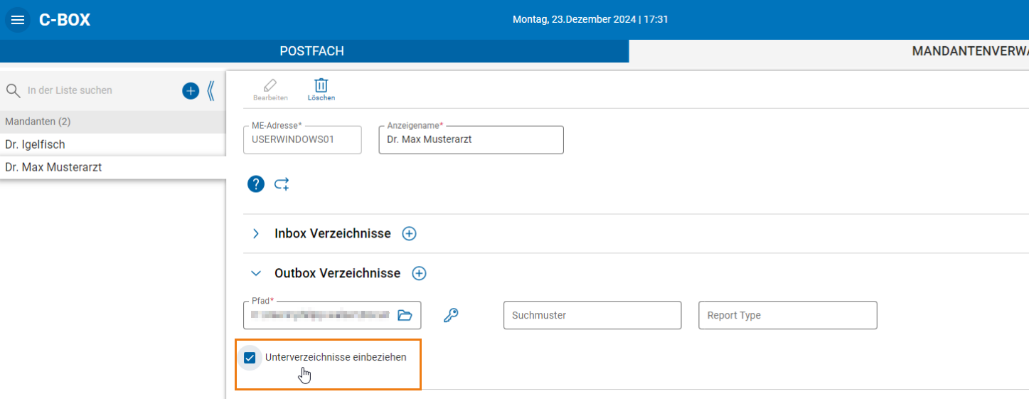 Unterverzeichnisse für den Befundversand mit einbeziehen