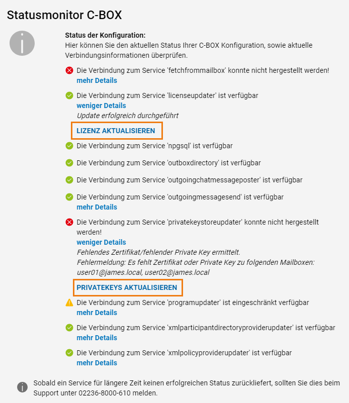 Lizenz und PrivateKeys im Status Monitor aktualisieren