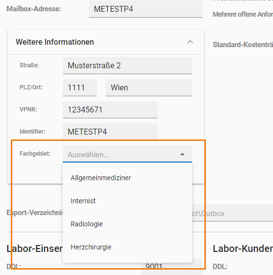 Auswahl des Fachgebiets in den Zuweisereinstellungen
