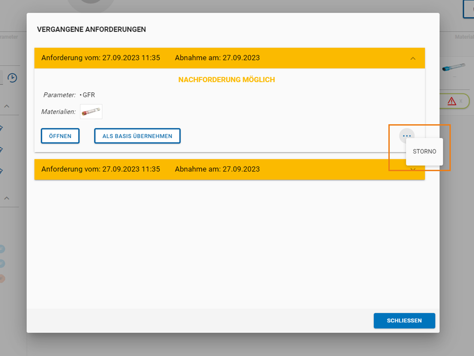 Aufrufen des Storno - Dialogs in den vergangenen Anforderungen Aufrufen des Storno - Dialogs in den vergangenen Anforderungen